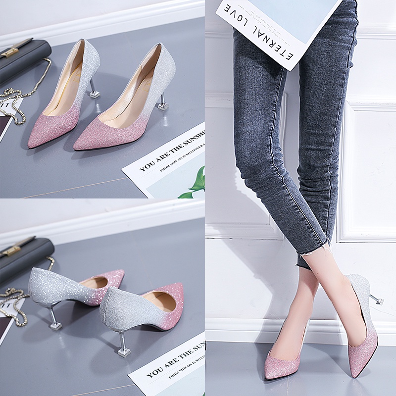 Giày Cao Gót Mũi Nhọn Đính Kim Tuyến Màu Bạc Thời Trang Xuân Thu Mới 2020 Cho Nữ