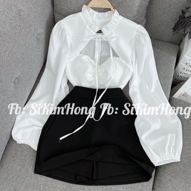 Áo kiểu tiểu thư tay phồng dáng croptop ,buộc nơ cổ  Mã 57 (Ảnh shop chụp 100%)