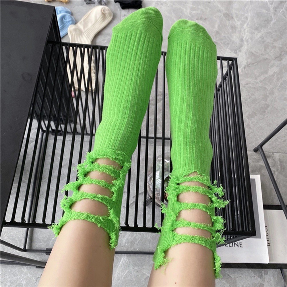 Vớ cotton cổ cao rách gối nhiều màu sắc phong cách hip hop cá tính cho nữ