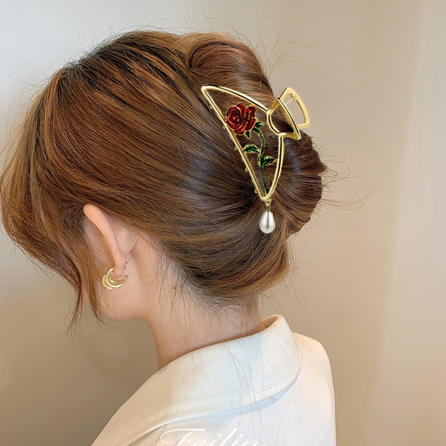 Kẹp Tóc Kim Loại Hình Hoa Hồng Đính Ngọc Trai Phong Cách Retro Hàn Quốc