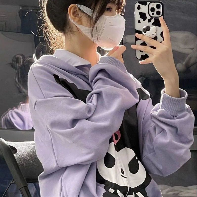 Áo Khoác Cardigan Có Nón In Hình Kuromi Thời Trang Nam Nữ