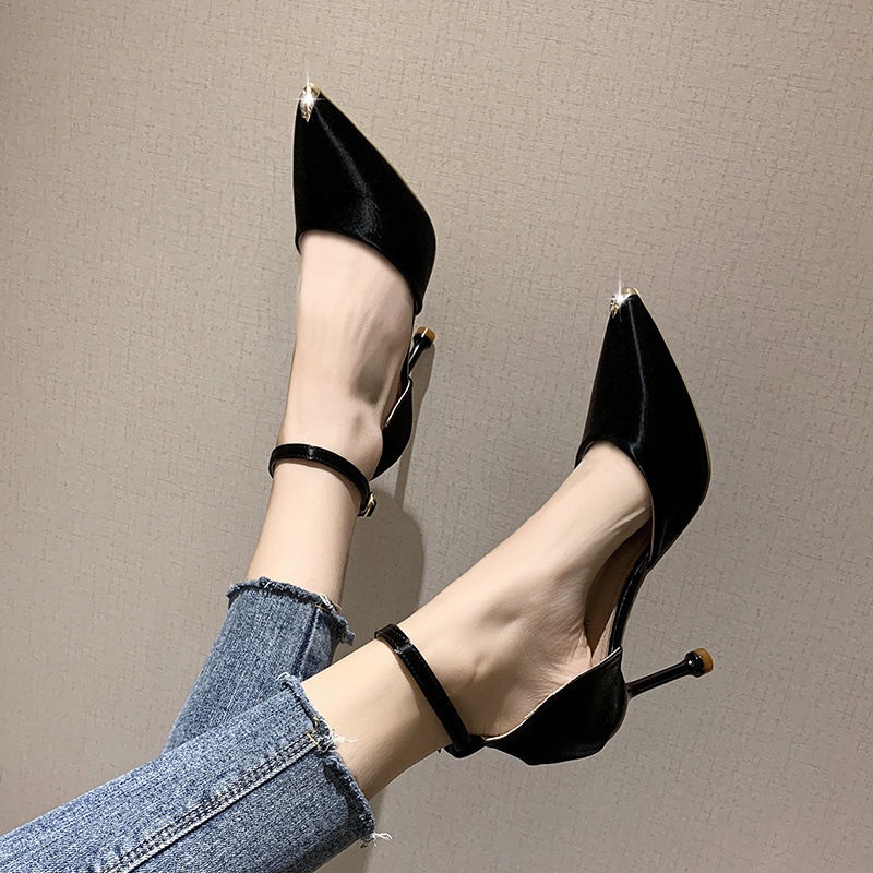 Small Size High Heel Sandals2020Spring and Autumn New Pointed Toe Stiletto Heel Buckle Strap Sexy All-Matching Hollow Pumps Female Summer