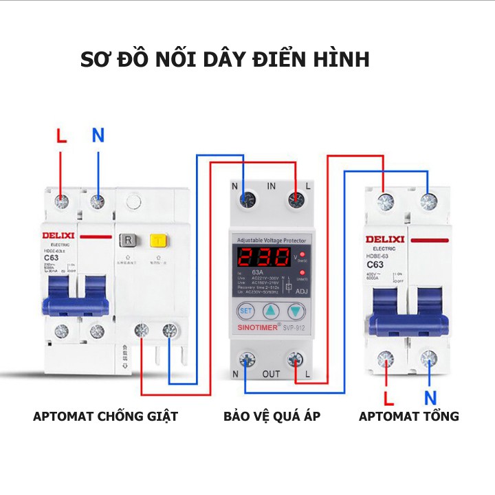 Bảo vệ mất dây trung tính, đứt dây trung tính có LCD hiển thị điện áp, aptomat bảo vệ quá áp SVP 912 63A