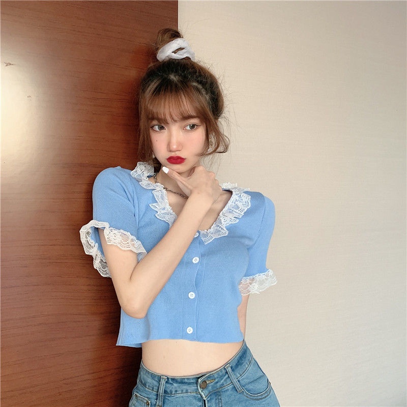 Áo dệt kim tay ngắn phối ren dáng ôm phong cách mùa hè thời trang cho nữ