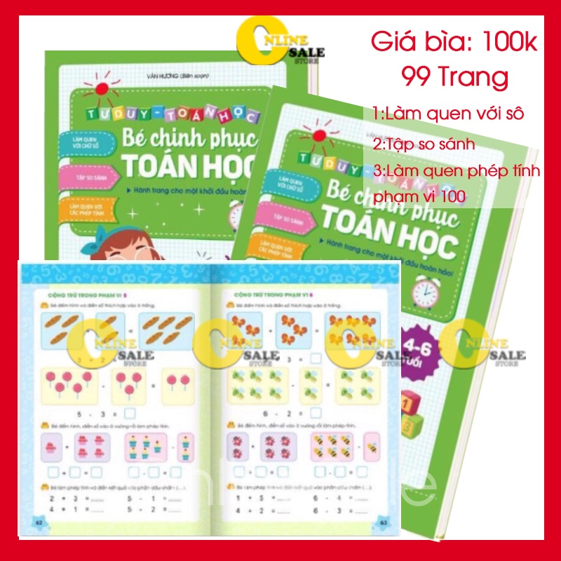 Bé làm quen với số và phép tính độ tuổi từ 4-6 tuổi Trẻ vừa học vừa chơi 99 trang khổ to 20.5x29.5cm