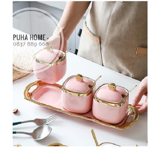 Set 3 hũ gia vị thìa vàng cao cấp [ƯU ĐÃI] Sét đựng gia vị kèm thìa vàng, khay đựng bằng sứ cao cấp