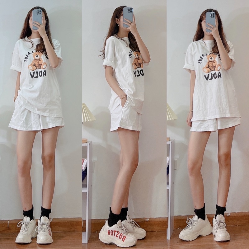 [Ảnh thật/Video]Bộ thể thao HÌNH GẤU cute dáng rộng mùa hè Set áo phông kèm quần chất thun cotton màu dễ thương
