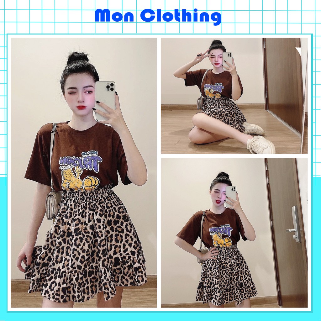 Set Váy Áo Hoạt Hình Chân Váy Báo Họa Tiết 2 Lớp Cao Cấp Full Size S M L