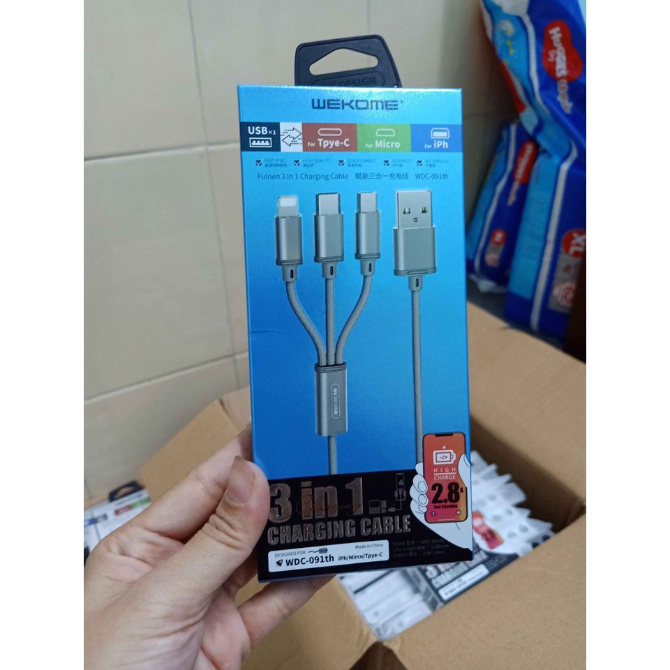 Cáp sạc nhanh, Dây sạc 3 cổng WK WDC-091th chính hãng thiết kế bọc nhựa giảm thiểu gãy đứt, thiết kế sang trọng