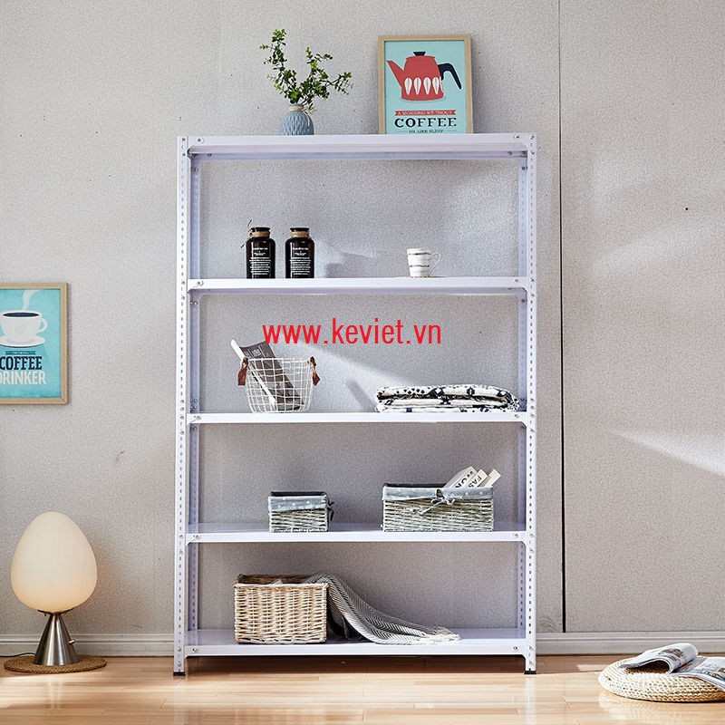 Kệ sắt v lỗ trưng bày lắp ghép đa năng, kệ kho hàng gia dụng 5 tầng màu trắng . KT : Dài 120cm, Rộng 30cm, Cao 150cm