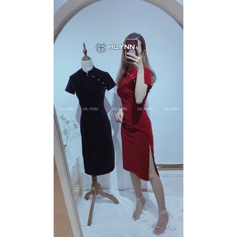 Sườn xám cách tân nhung đính hạt trai m92 | BigBuy360 - bigbuy360.vn