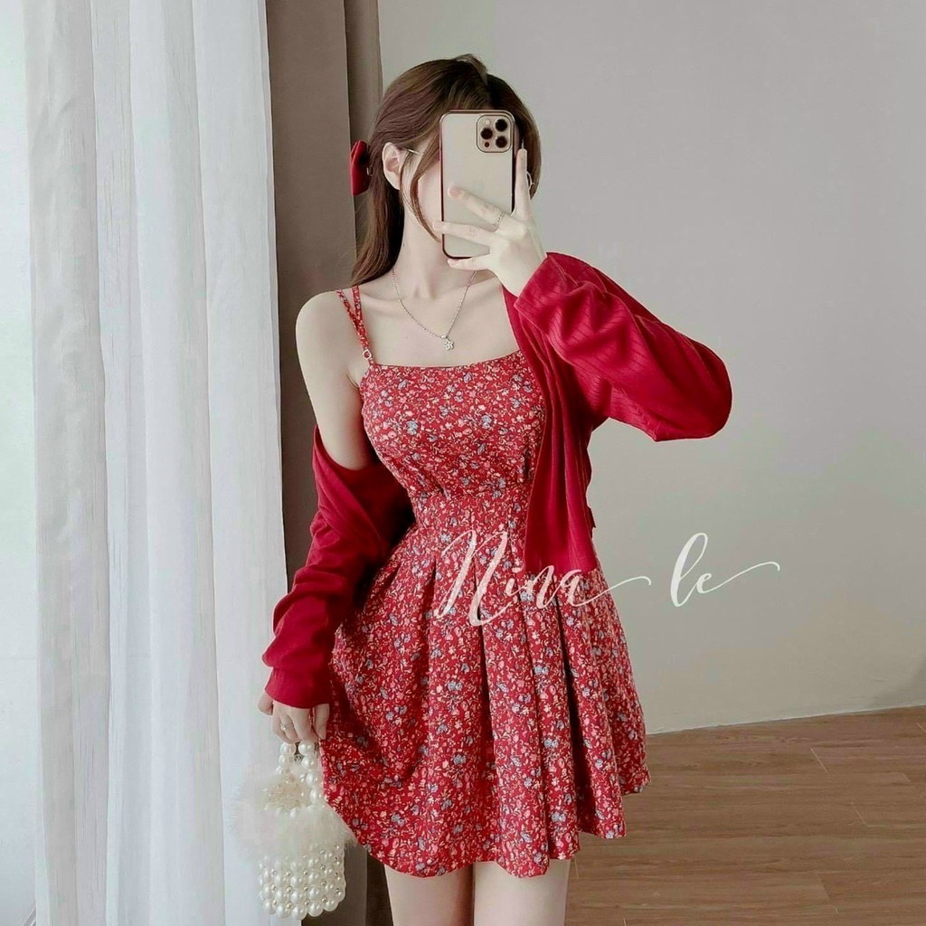 Đầm Nữ Thời Trang Mặc Đi Chơi, Đầm Lụa Hoa Đỏ Hai Dây Xếp Ly Có Mút Kèm Áo Khoác Gân Xinh Xắn