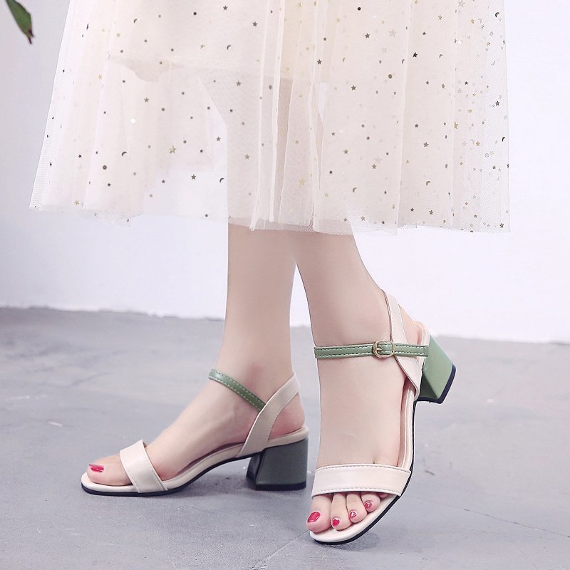 IELGY all-match buckle belt thick heel mid-heel open toe Korean style sandals women