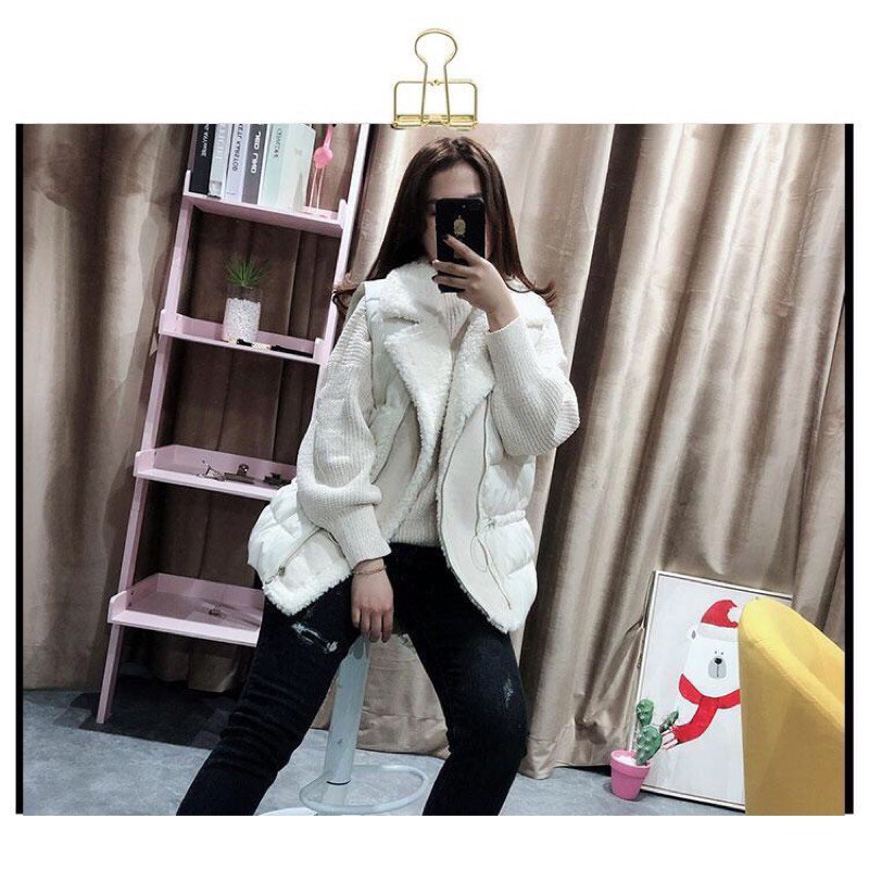 Áo Khoác Phao Ghi Lê Cổ Lông Cừu-Thời Trang Thu Đông Quảng Châu Cao Cấp