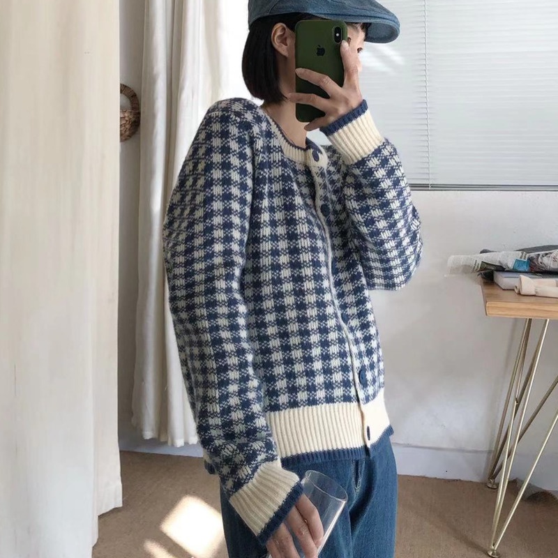 Áo khoác cardigan PURE CUBE cổ tròn họa tiết kẻ sọc ca rô nhiều màu sắc tùy chọn thời trang thu đông cho nữ