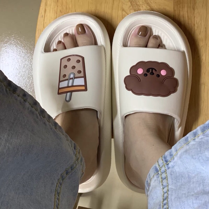 Dép bánh mì hoạt hình gấu và trà sữa dễ thương cho nữ  đế cao chống trơn trượt kèm ảnh thật