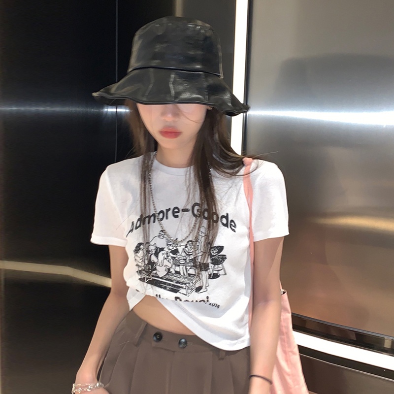 Áo Thun Croptop Ngắn Tay Form Ôm In Họa Tiết Phong Cách retro