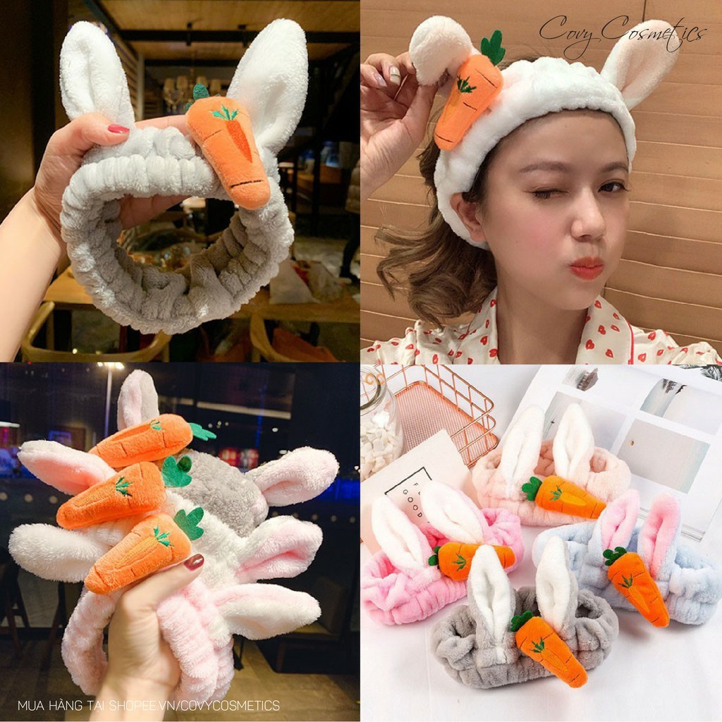 PVN15284 Băng đô turban tai thỏ 3D kèm củ cà rốt vải bông mềm mại T2 .