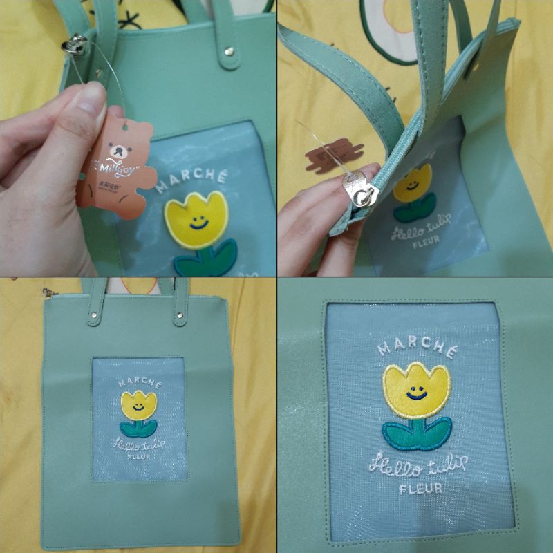 Túi tote da PU A4 13" dọc đựng laptop Macbook / Ipad / tài liệu da PU Bentoy Milkjoy hoa tulip và gấu cake bear