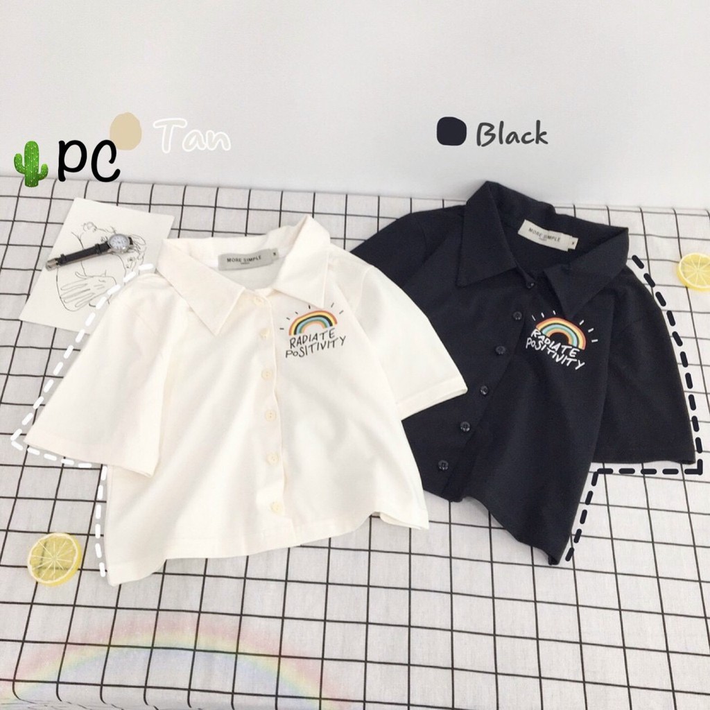 Áo thun croptop cổ sơmi tay ngắn thêu cầu vòng 7 màu