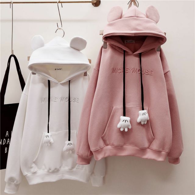 CÓ ẢNH THẬT CUỐI- SẴN L, Áo hoodie nỉ nữ dày dặn tai gấu, dây bàn tay ba ngón đáng yêu