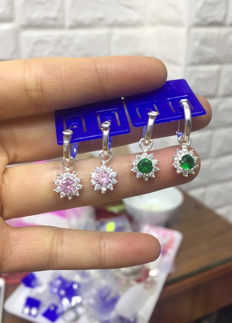 Khuyên tai bạc ta nmj treo hoa đá nhiều màu