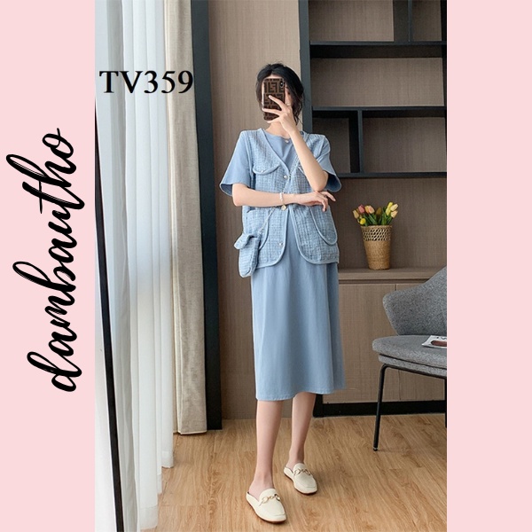 màu xanh gồm áo gile, đầm và túi đeo như hình siêu cute
