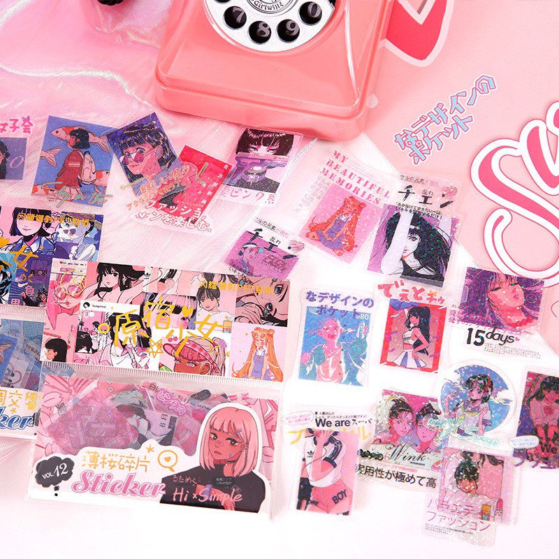 Sticker Hologram 💖 Túi 40 Hình Dán Mũ Bảo Hiểm Laptop Điện Thoai NEON SWEETHEART Trang Trí Sổ Bullet Journal
