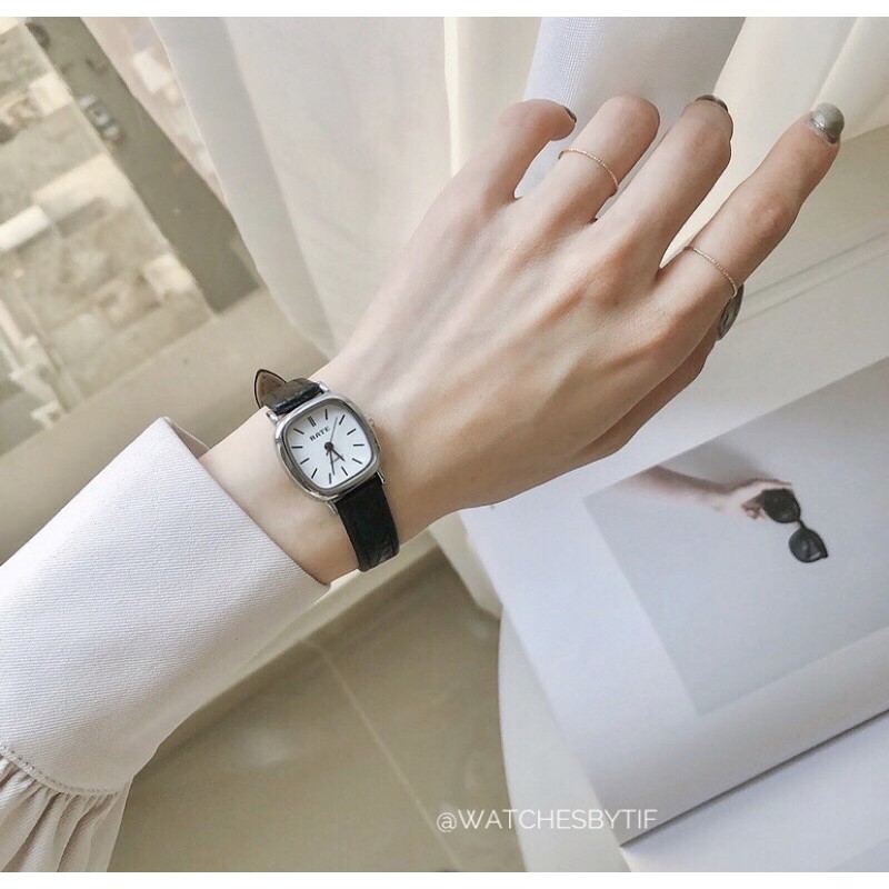 Đồng hồ nữ dây da mặt vuông RATE đen mặt trắng đồng hồ nữ mặt nhỏ chính hãng Watchesbytif đẹp giá rẻ chống nước size 22 | BigBuy360 - bigbuy360.vn