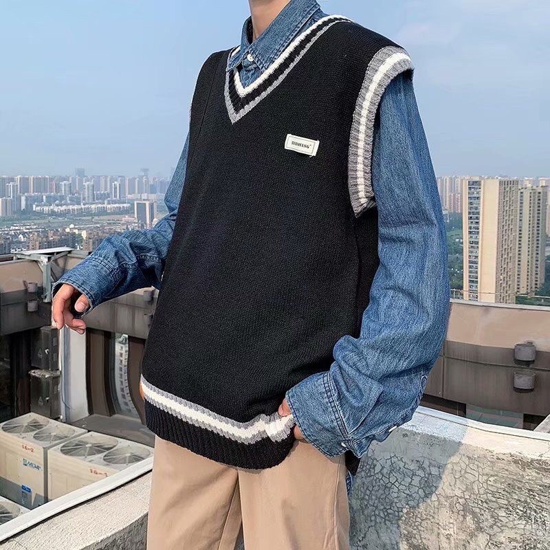 Áo gile đen phối viền 4 mùa unisex