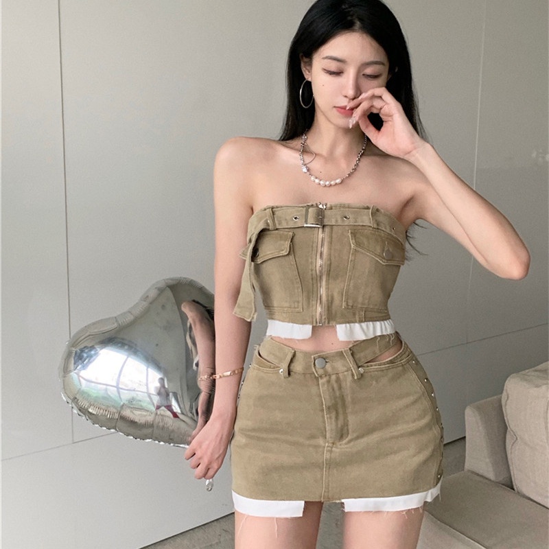 Bộ Áo Ống Và Chân Váy Denim Lưng Cao Thời Trang Mùa Hè Quyến Rũ Cho Nữ