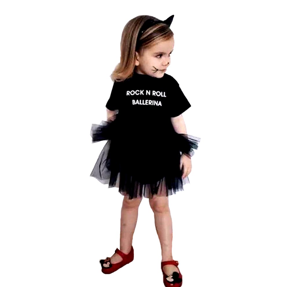 ❤XZQ-Letter Print Infant Baby Girl Tulle Rock N Roll Romper Dress Bodysuit Outfit Set