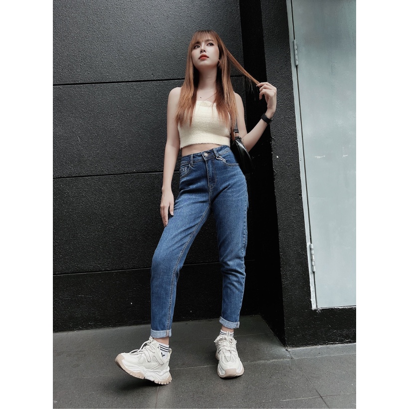 Quần jean nữ boyfriend baggy trơn dài co giãn HQJEANS