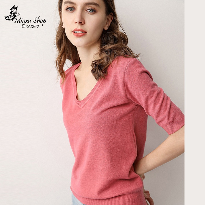 Áo len kiểu nữ đẹp Minxu Shop, áo len Quảng Châu tay lỡ cổ V  bo gấu nhiều màu nhiều size (ALN)
