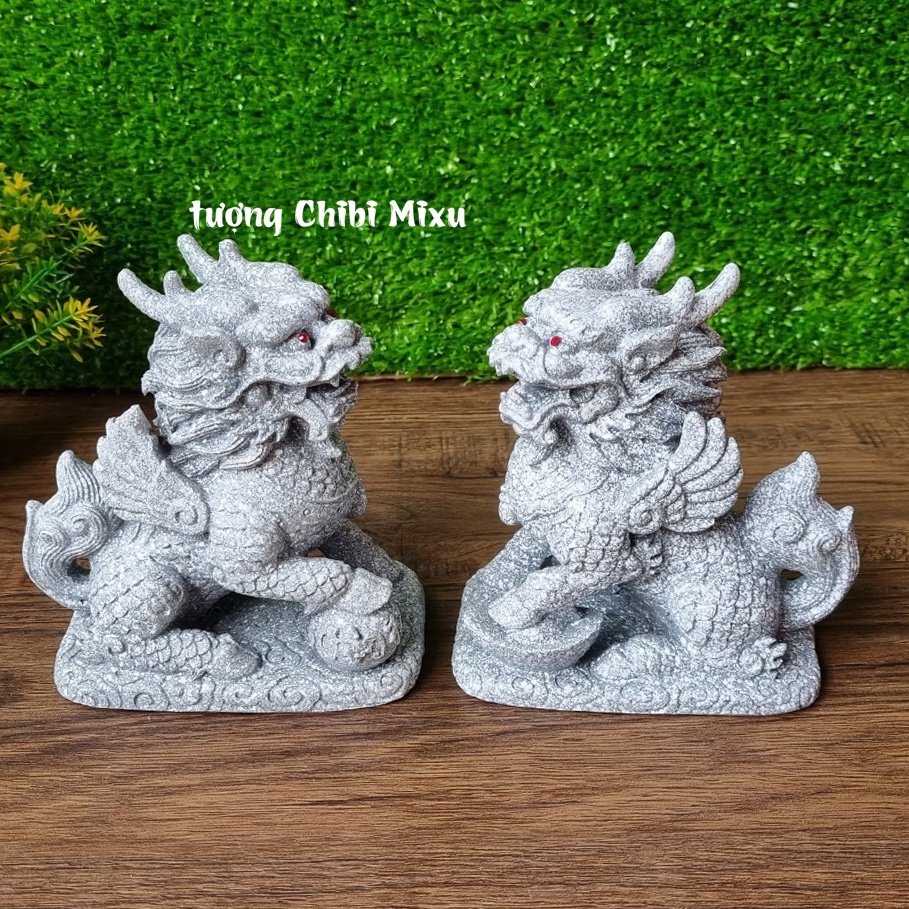 Cặp Tỳ Hưu trắng có bệ đá ngang 11cm x cao 12cm