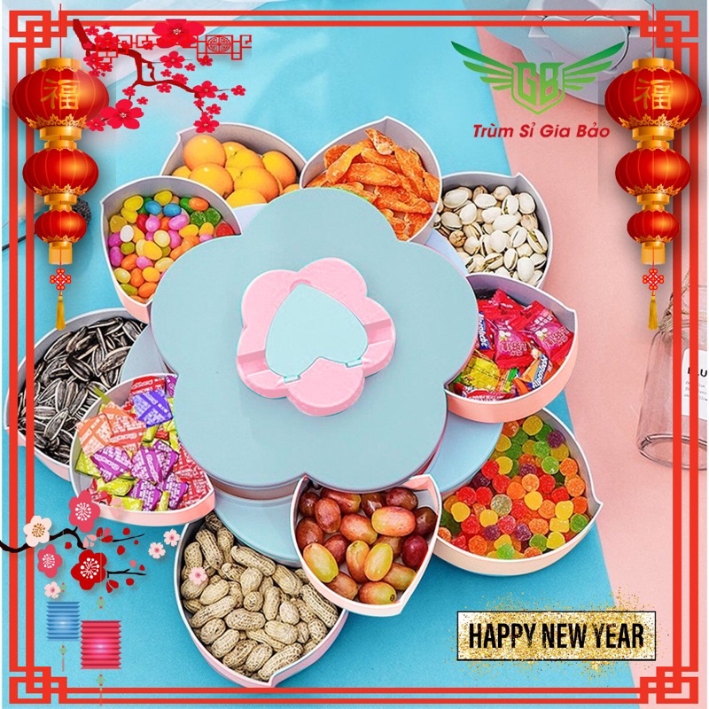 Khay đựng bánh kẹo Tết 2024 Giáp Thìn sang trọng, hộp để mứt Tết 2 tầng, hũ mức các loại hạt dưa, hướng dương bông sen.