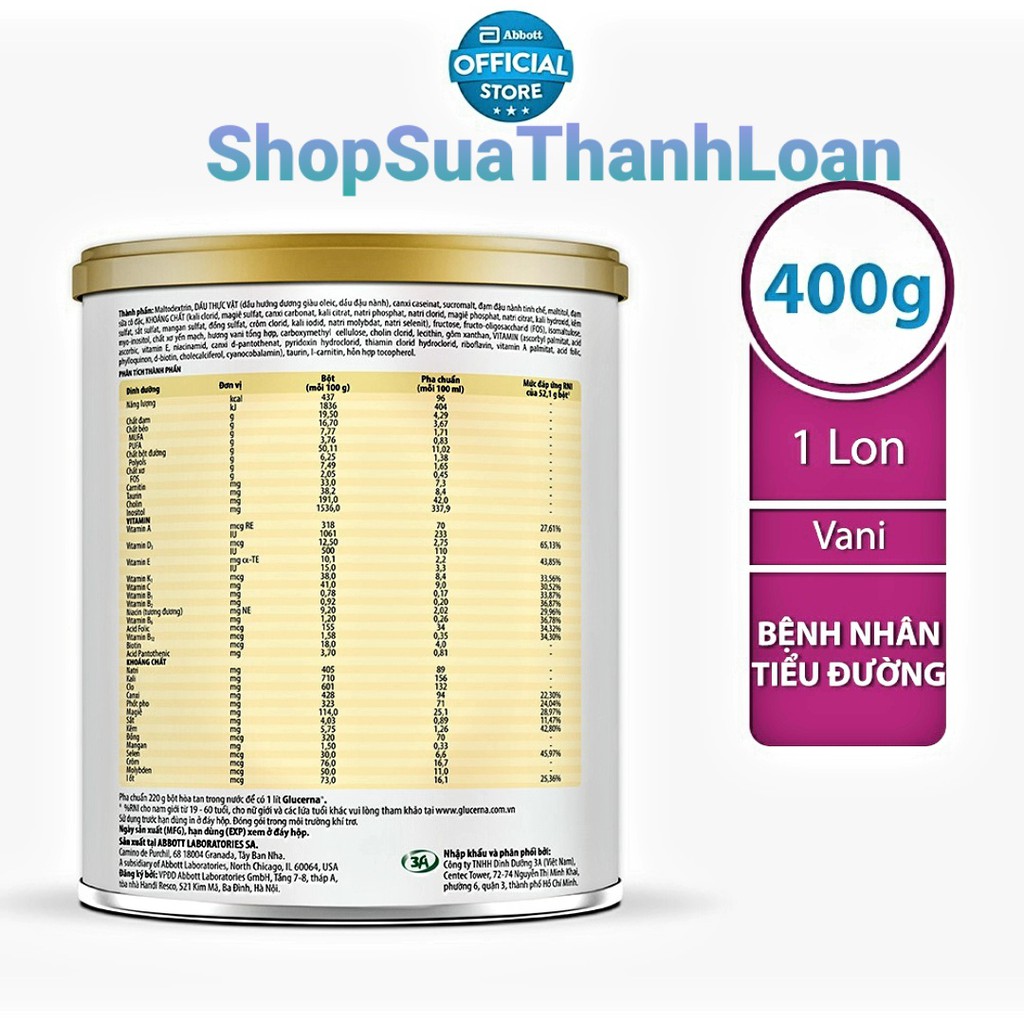 [HSD T2-2023] Sữa bột dành cho người bị tiểu đường Glucerna Abbott Hương Vani - Lon 400gr