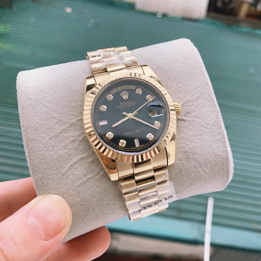 Đồng hồ Nam Rolex day date máy nhật măt đen dây vàng dòng cơ Automatic mặt size 38mm-41mm