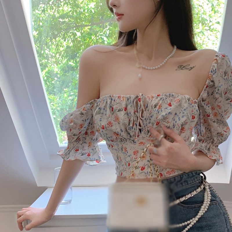 Áo Kiểu Tay Phồng Ngắn Cổ Vuông In Họa Tiết Hoa Phong Cách Hàn Quốc Thời Trang Cho Nữ