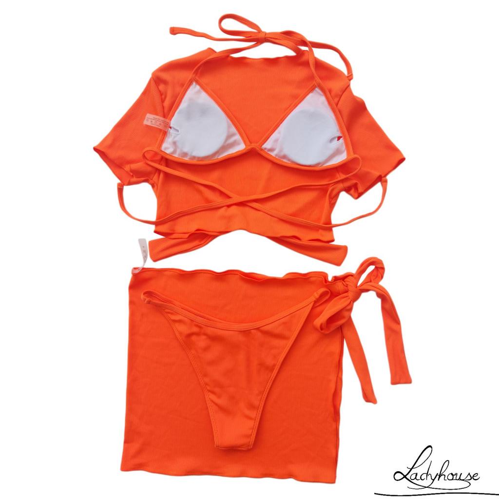 LD-4 Pcs Women Bathing Suits, Adults Tie-up Padded Solid Color Halter Bra + Crop Tops + Sarong + Thong