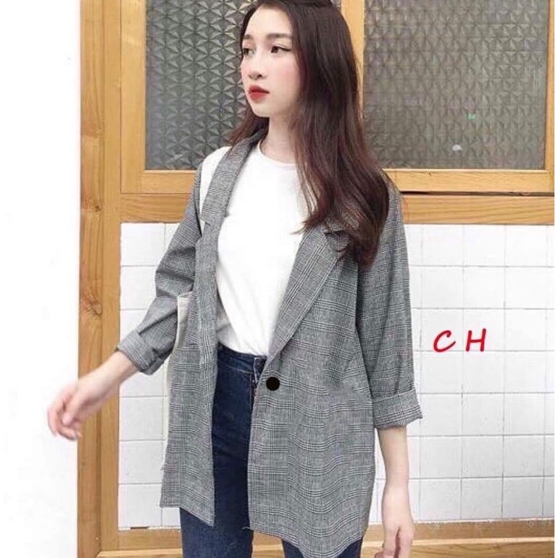 áo khoác bức kẻ màu ghi xám CH