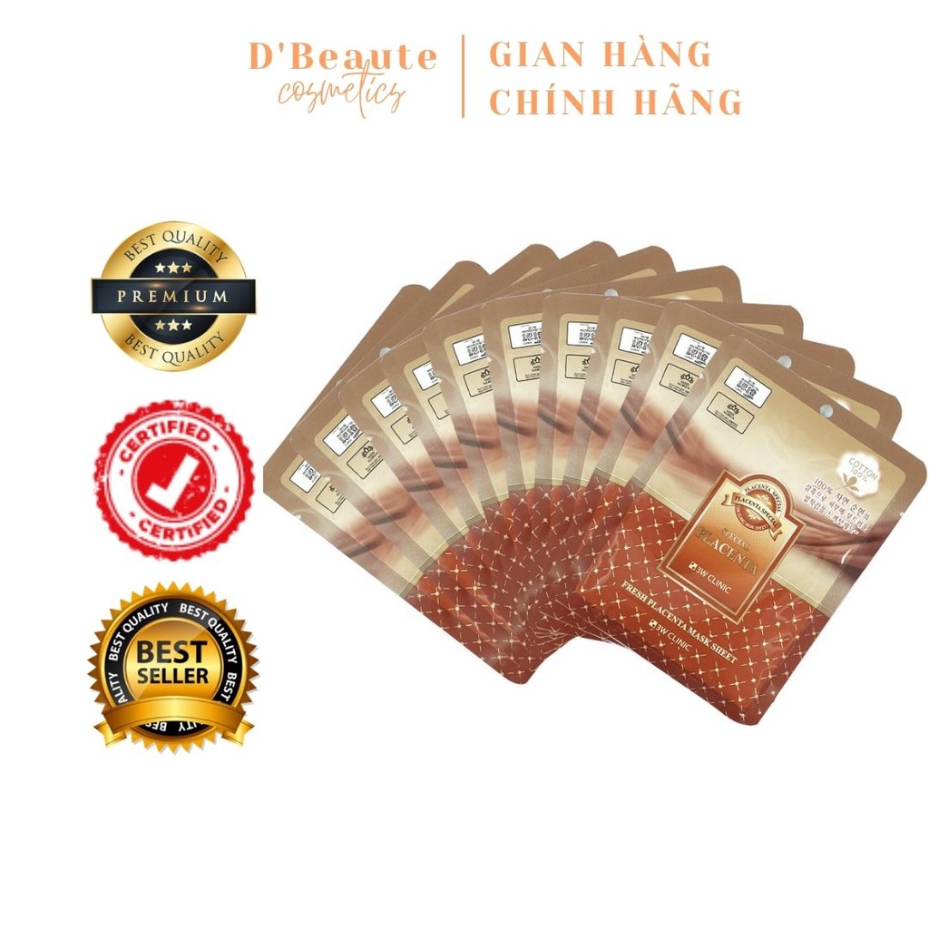 Combo 10 Gói Mặt Nạ Chiết Xuất Nhau Thai Cừu 3W Clinic Fresh Placenta Mask Sheet (23ml x 10) - Hàn Quốc Chính Hãng