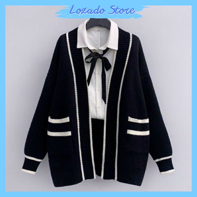Áo khoác cardigan nữ LOZADO áo khoác ngoài thiết kế sọc viền phối túi dáng dài form rộng chất len dày dặn A525