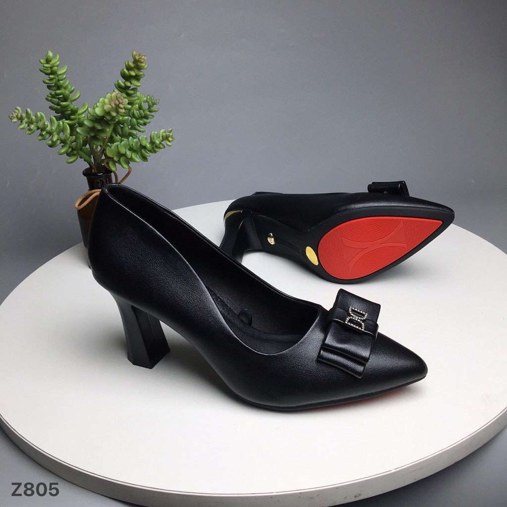 Giày công sở nữ BQ ❤️FREESHIP❤️ Giày cao gót mũi nhọn gắn nơ da mềm đế cao su 7cm GBZ805