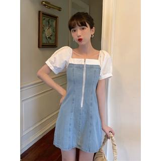 Đầm Denim Tay Lửng Cổ Vuông Dáng Chữ A Eo Cao Thời Trang Mùa Hè Hàn Quốc 2020 Dành Cho Bạn Nữ