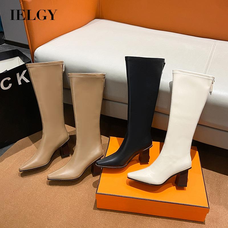 Giày bốt IELGY cao gót mũi nhọn ống cao phối dây kéo sau phong cách Hàn Quốc dành cho nữ