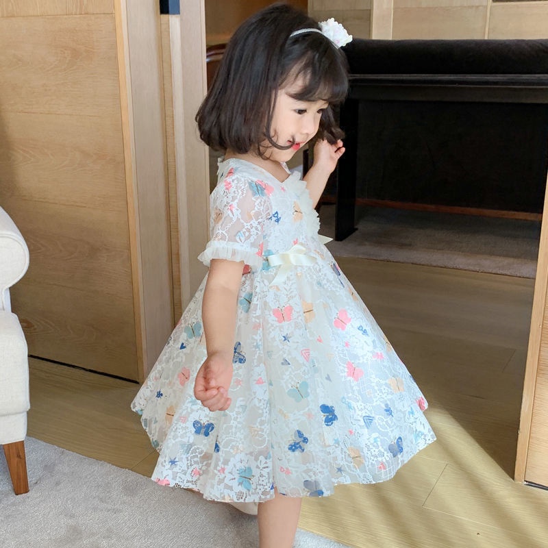 Đầm công chúa tay ngắn phối ren lưới phong cách Hàn Quốc thời trang mùa hè cho bé gái