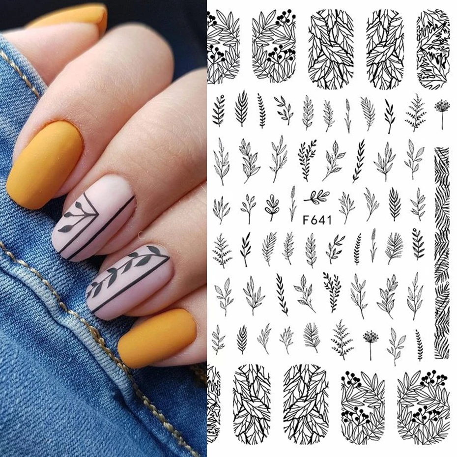 1 Tờ Miếng Dán Móng Tay Trang Trí Nghệ Thuật Họa Tiết Hoa Lá Đen Phong Cách Ngẫu Nhiên