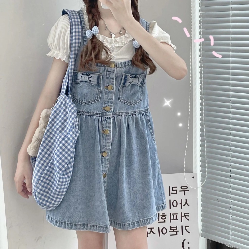 (Sẵn) Set áo và váy yếm jean phong cách trẻ trung (Kèm Ảnh Thật)