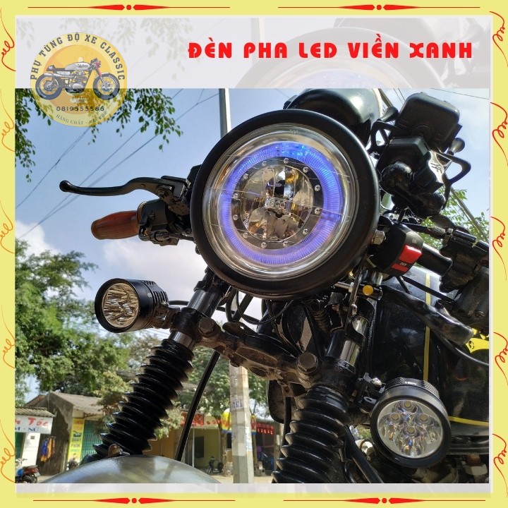 Đèn pha led viền xanh chính hãng Visco dùng độ xe Classic gáo sắt sơn đen mặt kính trong ,đường kính 16cm